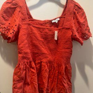 Madewell - Eyelet-Sleeve Lucie Smocked Peplum Top / MEDIUM / FRESH CHILI